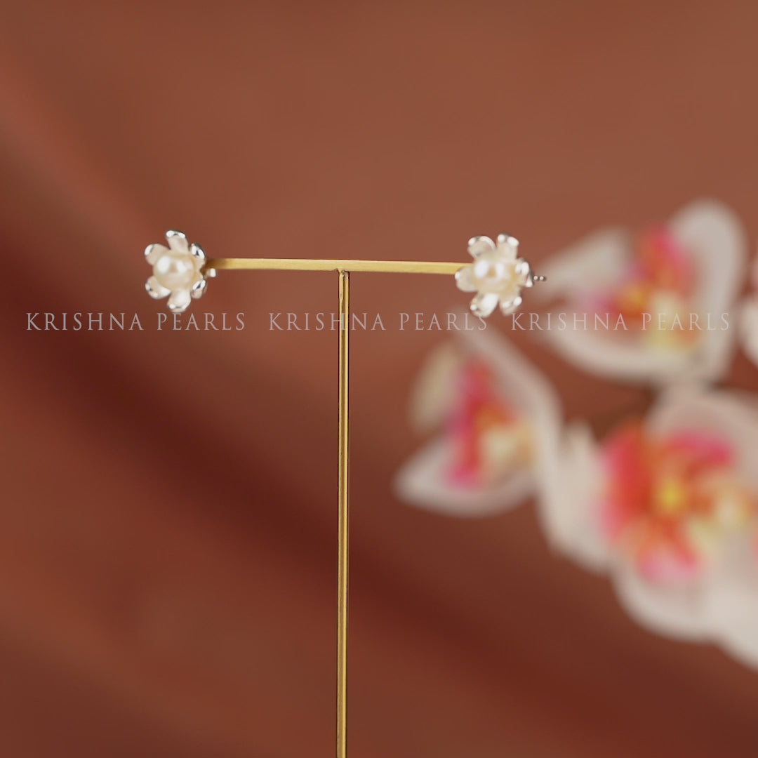 Stunning Silver Floral Pearls Studs Earrings